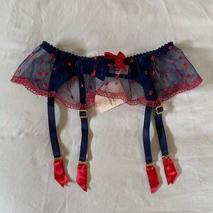Agent Provocateur Navy and Red Sheer Mesh Garter Belt with Bow
